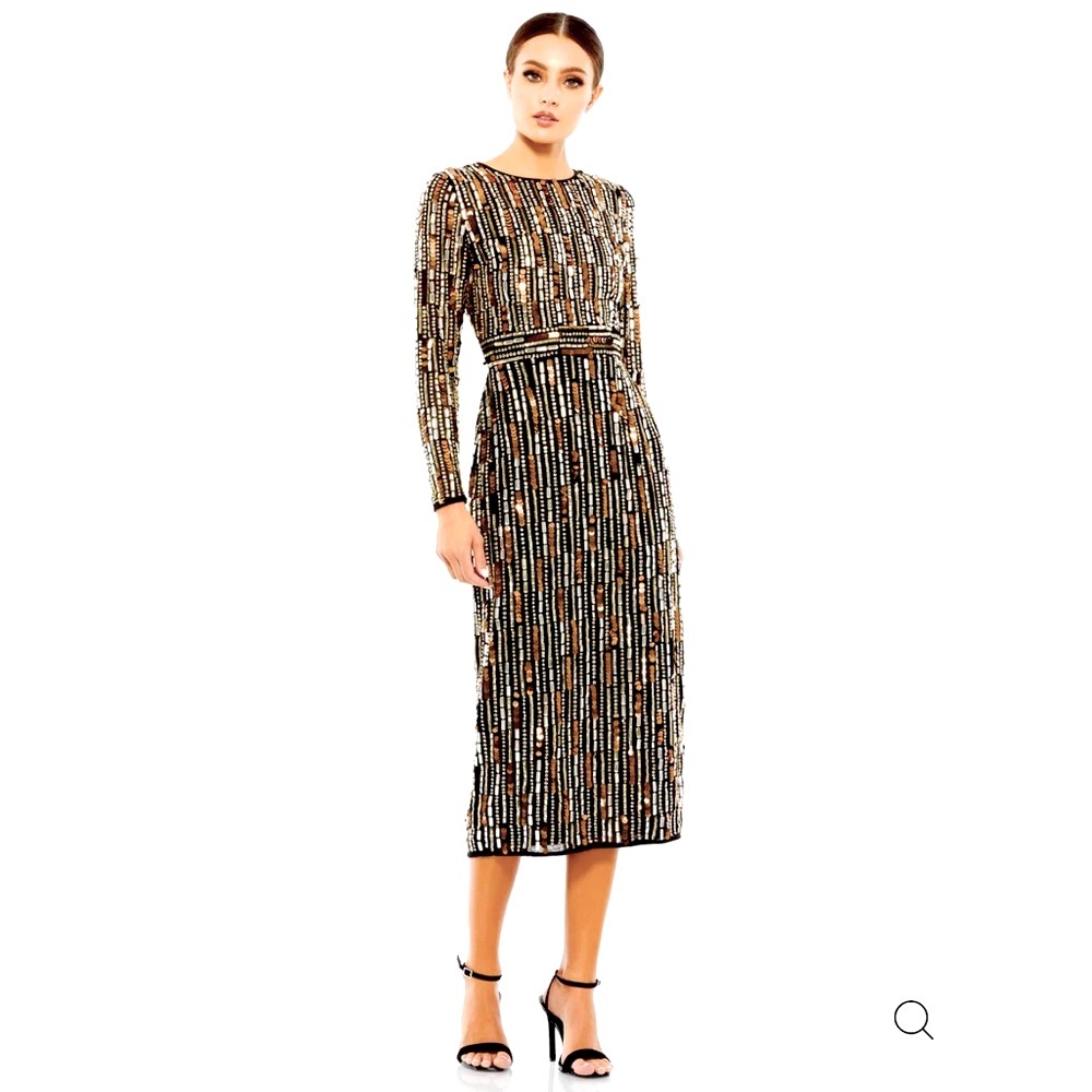 EMBELLISHED HIGH NECK LONG SLEEVE FITTED DRESS STYLE # 93590 SIZE 16